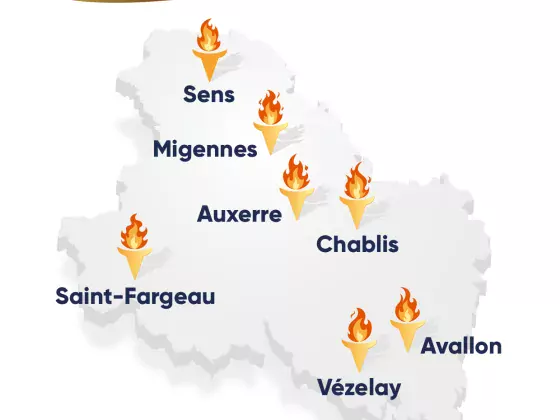 La carte du Passage du Relais de la Flamme Olympique dans l'Yonne le 11 juillet 2024