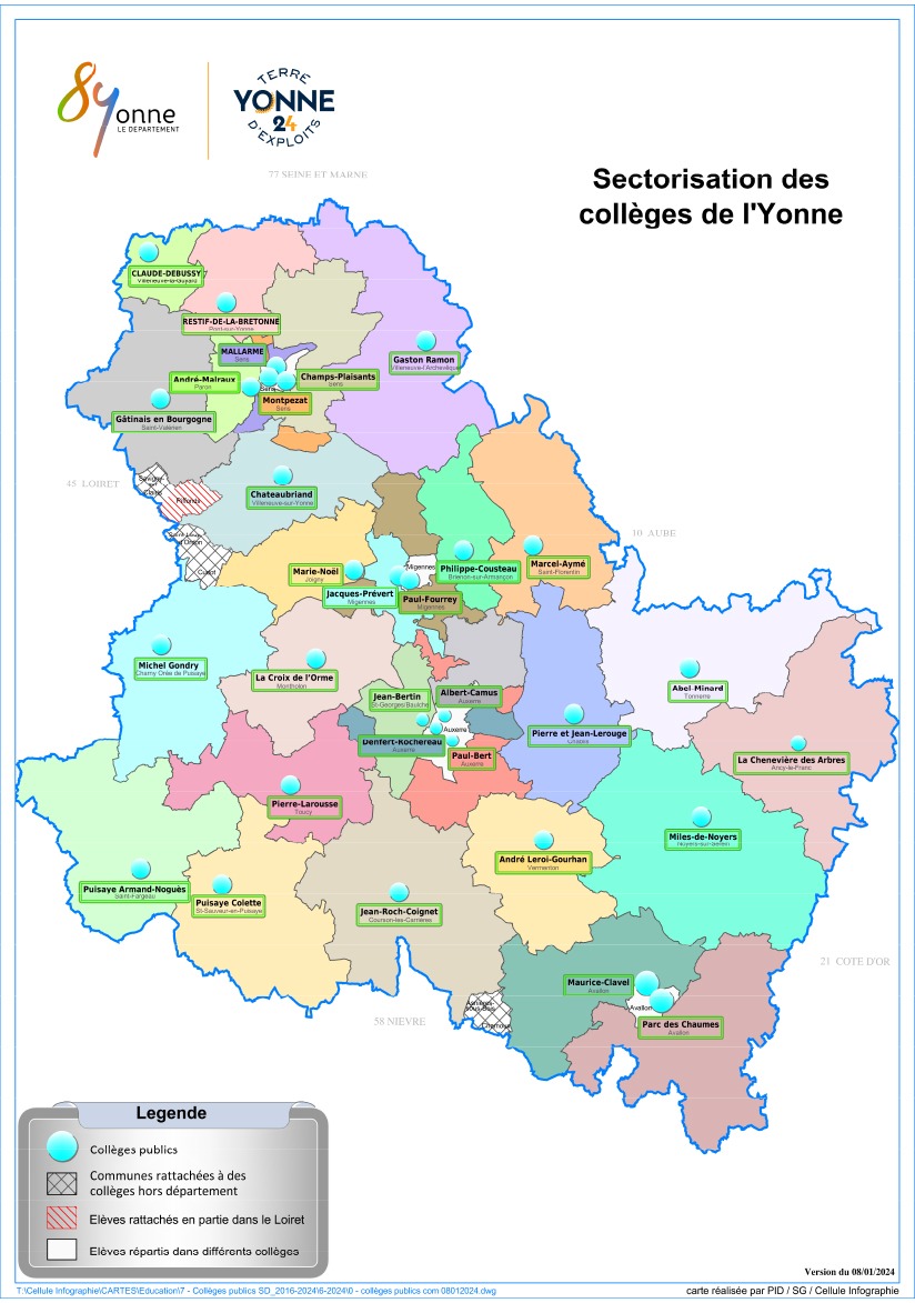 Carte sectorisation des collèges de l'Yonne