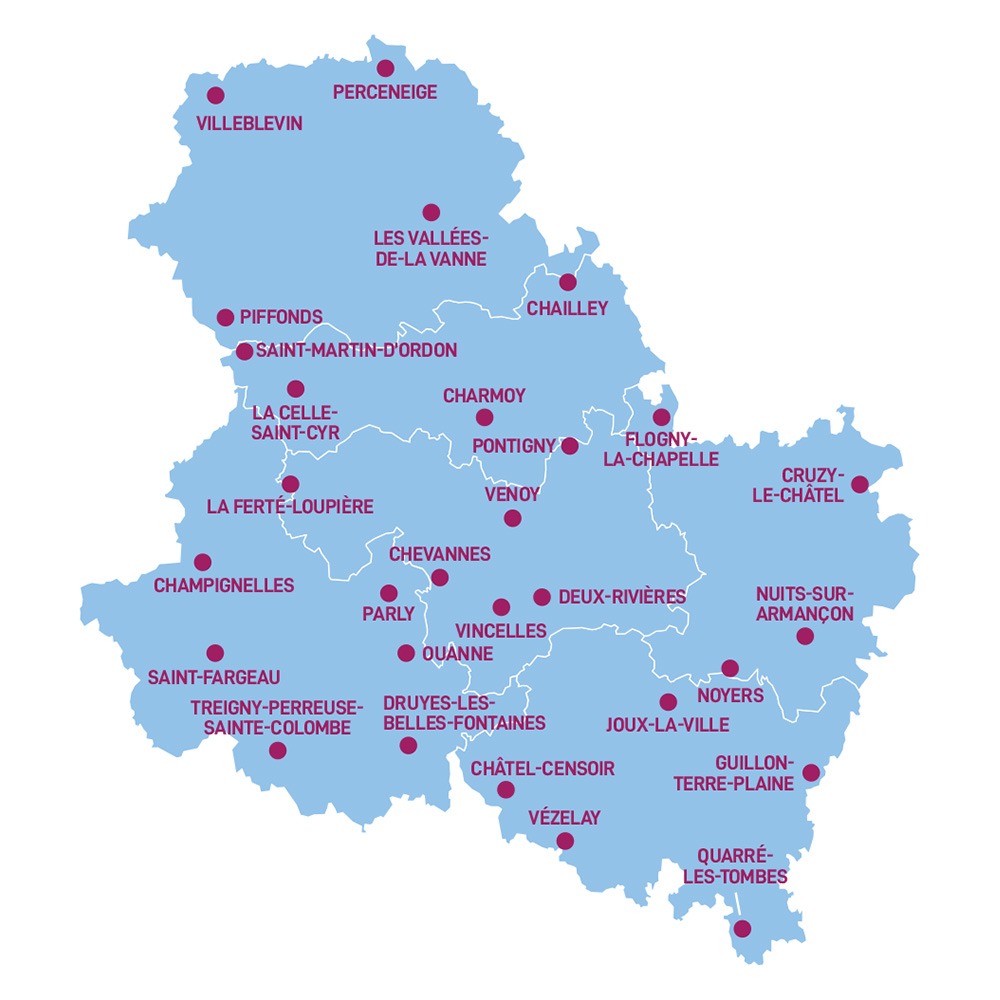 Carte représentant les 29 villes concernées par le Bus PMI de l'Yonne