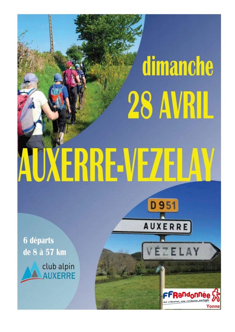 Affiche représentant la marche Auxerre Vézelay organisée le 28 avril 2024. Sur l'affiche des marcheurs sont représentés en haut à gauche et en bas à droite une image des panneaux directionnels d'Auxerre et de Vézelay