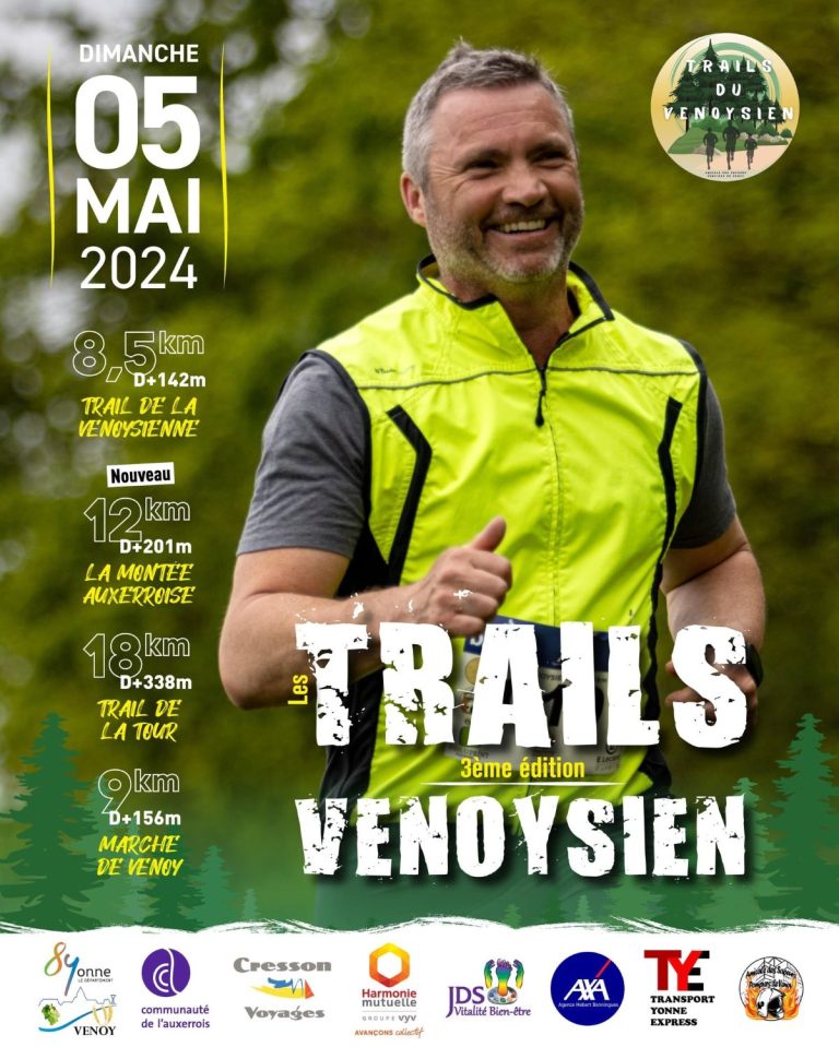 Affiche représentant un coureur pour présenter les trails du Venoysien le dimanche 5 mai 2024