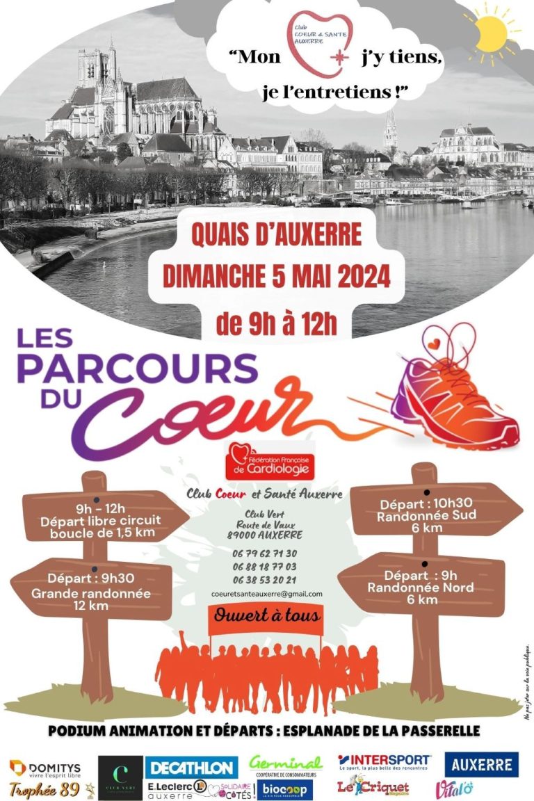 Affiche re présentant les quais des bords de l'Yonne, ainsi que des panneaux de direction pour représenter les différentes courses organisées pour les parcours du cœur