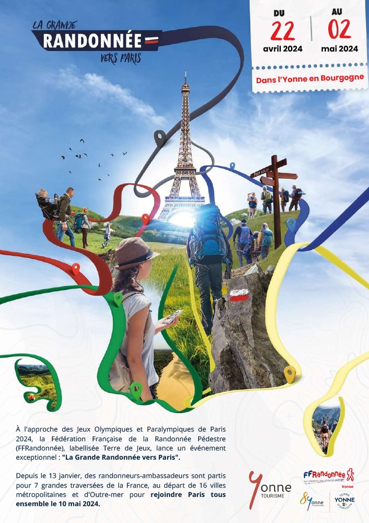 affiche représentant la Tour Eiffel et des panneau de signalisations pour représenter la grande randonnée vers Paris