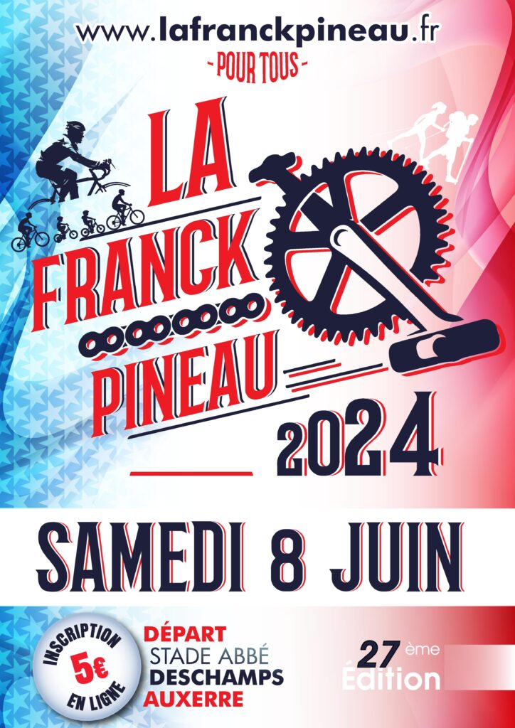 Affiche représentant un pédalier de vélo ainsi que des cyclistes pour la Franck pineau le 8 juin 2024
