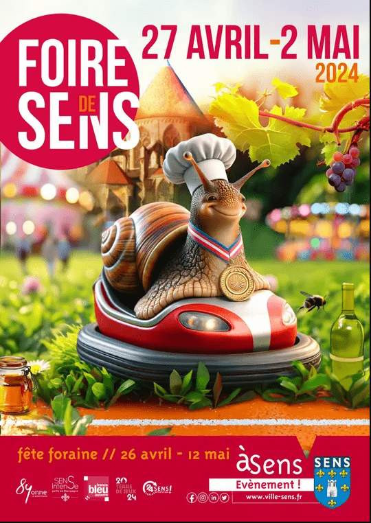 Affiche pour la foire de Sens 2024 du 27 avril au 2 mai. Sur l'affiche un chef escargot est représenté dans une attraction.