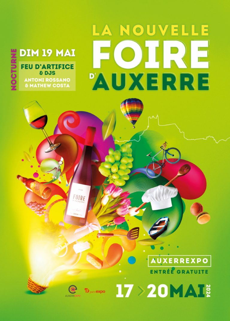 Affiche foire d'Auxerre représentée par plusieurs aliments icaunais tels que du vin, des fruits, des légumes...